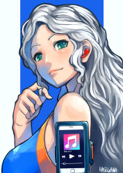 Rule 34 | 1girl, airpods, blue background, blush, cellphone, earphones, from side, green eyes, hasegawa (morebeer), highres, long hair, looking at viewer, original, outside border, phone, signature, smartphone, smile, solo, upper body, wavy hair, white hair, wireless earphones