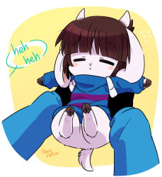 Rule 34 | 1boy, 1other, :&lt;, animal, animal ears, animalization, bano akira, black gloves, blue jacket, blush, brown hair, carrying, closed eyes, closed mouth, clothed animal, facing viewer, fingerless gloves, flying sweatdrops, frisk (undertale), furrification, furry, gloves, goat, goat ears, goat horns, holding, hooves, horns, jacket, long sleeves, looking at viewer, pov, sans (undertale), short hair, simple background, tail, undertale