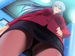 Rule 34 | 1girl, blue eyes, blue hair, blush, business suit, character request, discreet vibrator, formal, from below, game cg, long hair, matching hair/eyes, nail polish, nozokima 2, object insertion, panties, pantyshot, pencil skirt, pink nails, public indecency, public vibrator, sex toy, skirt, skirt suit, solo, suit, thighhighs, underwear, upskirt, vaginal, vaginal object insertion, vibrator, vibrator under clothes, vibrator under panties