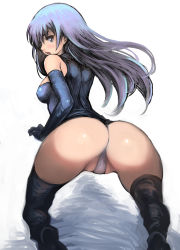 Rule 34 | 1girl, ass, bad id, bad pixiv id, blue gloves, blue leotard, blush, breasts, commentary request, covered erect nipples, elbow gloves, fat mons, from behind, gloves, highres, johan (johan13), kneeling, leotard, looking at viewer, looking back, medium breasts, nose, open mouth, original, partially visible vulva, purple hair, solo, thighhighs, thong leotard