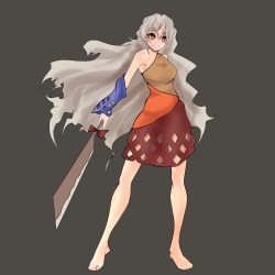 Rule 34 | 1girl, absurdres, bare legs, bare shoulders, barefoot, bright pupils, closed mouth, detached sleeves, dress, full body, grey background, grey hair, hatchet, highres, holding, inoshin (inixia1748), long hair, looking to the side, medium dress, multicolored clothes, multicolored dress, nata (tool), outstretched arm, red eyes, sakata nemuno, simple background, single strap, smile, solo, standing, touhou, very long hair, white pupils