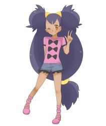 Rule 34 | 1girl, ;|, blue shorts, bow print, cosplay, creatures (company), dark-skinned female, dark skin, frilled shorts, frills, game freak, high heels, iris (pokemon), long hair, low-tied long hair, mikeko (neko19920311), nintendo, one eye closed, pink footwear, pink shirt, pokemon, pokemon (anime), pokemon bw (anime), pokemon xy (anime), purple hair, shauna (pokemon), shauna (pokemon) (cosplay), shirt, shoes, short shorts, shorts, solo, twintails, very long hair, yellow eyes