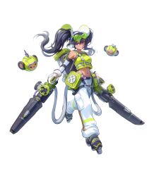 Rule 34 | 1girl, absurdres, black footwear, black hair, closed mouth, commentary, dark-skinned female, dark skin, detached sleeves, drone, english commentary, full body, gloves, goggles, goggles on head, green-tinted eyewear, green shirt, hair between eyes, highres, holding, jinone, light smile, long hair, long sleeves, looking at viewer, midriff, navel, original, pants, purple eyes, roller skates, shirt, simple background, skates, solo, tinted eyewear, twintails, walking, white background, white gloves, white headphones, white pants, white sleeves