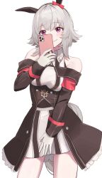 Rule 34 | 1girl, absurdres, asobi nin, bare shoulders, black hairband, blush, bow, cellphone, cowboy shot, curren chan (umamusume), dress, ear bow, ear covers, gloves, grey hair, hairband, highres, holding, holding phone, horse girl, looking at viewer, off-shoulder dress, off shoulder, phone, purple eyes, red bow, short hair, simple background, smartphone, solo, umamusume, white background, white gloves