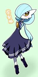 Rule 34 | 1girl, alternate color, arm behind back, blue dress, blue footwear, blue hair, blue neckerchief, blue skin, blush, bob cut, boots, closed mouth, clothed pokemon, clothes lift, colored skin, creatures (company), dress, female focus, flat chest, full body, game freak, gardevoir, gen 3 pokemon, green background, hair over one eye, heart, heart in eye, high-waist skirt, lifted by self, long skirt, looking to the side, multicolored skin, neckerchief, nintendo, one eye covered, orange eyes, outline, pleated dress, pokemon, pokemon (creature), shiny pokemon, short hair, simple background, skirt, skirt lift, solo, standing, symbol in eye, two-tone skin, white outline, white skin, yuri (fl0werspace)