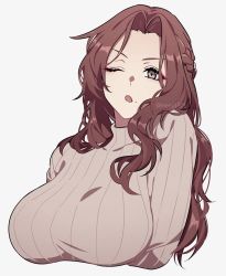 Rule 34 | 1girl, :o, braid, breasts, brown hair, brown sweater, commentary request, french braid, grey background, grey eyes, highres, large breasts, lauliu, long hair, mole, mole under mouth, one eye closed, open mouth, original, parted bangs, ribbed sweater, sidelocks, solo, sweater, upper body, wavy hair
