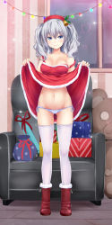 Rule 34 | 10s, 1girl, bad id, bad pixiv id, bare shoulders, bell, blue eyes, blue panties, blush, boots, box, breasts, christmas lights, clothes lift, dress, dress lift, frilled panties, frills, full body, fur trim, gift, gift bag, gift box, hair bell, hair ornament, hat, heart, highres, irohara, kantai collection, kashima (kancolle), long hair, looking at viewer, lowleg, lowleg panties, navel, off shoulder, panties, red dress, short twintails, side-tie panties, silver hair, smile, solo, standing, thighhighs, twintails, underwear, white thighhighs