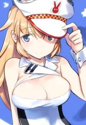 Rule 34 | 1girl, bare shoulders, blue eyes, blush, breasts, charlotte e. yeager, cleavage cutout, clothing cutout, hat tip, large breasts, long hair, looking at viewer, lowres, orange hair, shimada fumikane, smile, solo, strike witches, world witches series