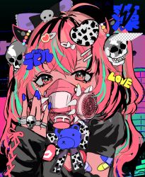 Rule 34 | 1girl, bandaid, bandaid on arm, blue hair, demon girl, demon horns, gas mask, highres, horns, jewelry, looking at viewer, mask, momae makku, multicolored hair, nail polish, original, pink eyes, pink hair, ring, skull ring, solo