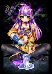 Rule 34 | !, 1girl, absurdres, belt, bottle, crossed legs, dark background, glass, goggles, highres, holding, holding bottle, jumpsuit, long hair, looking down, navel, neck, non-web source, overflowing, pouring, purple hair, senmu (0107), sitting, stain, thighhighs, virtual youtuber, vividly vivi, yellow eyes, yellow jumpsuit