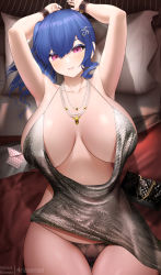Rule 34 | 1girl, armpits, arms behind head, azur lane, backless dress, backless outfit, bag, bare shoulders, bed, black panties, blue hair, breasts, cleavage, curvy, dress, evening gown, fouriasensei, grey dress, hair between eyes, hair ornament, hairclip, halter dress, halterneck, handbag, highres, huge breasts, jewelry, large breasts, lying, nail polish, necklace, official alternate costume, on back, panties, pillow, pink eyes, plunging neckline, revealing clothes, side ponytail, sidelocks, silver dress, solo, st. louis (azur lane), st. louis (luxurious wheels) (azur lane), thighs, underwear, wrist cuffs