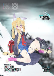 Rule 34 | 1girl, animal ear fluff, animal ears, bag, blonde hair, blue footwear, blue one-piece swimsuit, blush, braid, breasts, character name, crooked eyewear, damaged, full body, girls&#039; frontline, glasses, gun, hair ornament, hair ribbon, hairclip, highres, holding, holding gun, holding weapon, jewelry, long hair, long sleeves, looking at viewer, neckerchief, official alternate costume, official art, old school swimsuit, one-piece swimsuit, pandegg, pink socks, purple eyes, red neckerchief, ribbon, round eyewear, school bag, school swimsuit, sitting, skirt, small breasts, smile, socks, solo, sr-3mp, sr-3mp (commando bunny) (girls&#039; frontline), sr-3mp (girls&#039; frontline), swimsuit, swimsuit under clothes, torn clothes, twin braids, very long hair, weapon