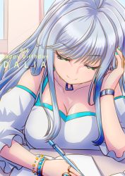 Rule 34 | 1girl, blue nails, bracelet, breasts, character name, cleavage, collarbone, d4dj, green eyes, half-closed eyes, happy birthday, highres, hiraken, holding, holding pencil, jewelry, matsuyama dalia, mechanical pencil, nail polish, off-shoulder sweater, off shoulder, pencil, ring, silver hair, smile, solo, sweater, white sweater
