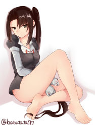 Rule 34 | 10s, 1girl, bare legs, barefoot, batatata77, between toes, bottomless, feet, gloves, highres, kantai collection, long hair, nachi (kancolle), side ponytail, simple background, sitting, soles, solo, toes, very long hair, white background
