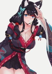 Rule 34 | 1girl, animal ear fluff, animal ears, azur lane, black hair, blazingchaos, blue eyes, blush, breasts, butterfly hair ornament, cat ears, cleavage, fusou (azur lane), hair ornament, highres, japanese clothes, kimono, large breasts, long hair, looking at viewer, solo