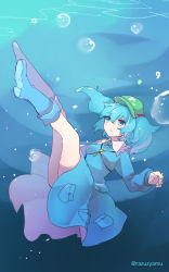 Rule 34 | 1girl, air bubble, backpack, bag, blue eyes, blue footwear, blue hair, blue jacket, blue skirt, boots, breasts, bubble, flat cap, green hat, hair bobbles, hair ornament, hat, highres, jacket, jewelry, kawashiro nitori, key, key necklace, knee boots, long sleeves, medium hair, necklace, one-hour drawing challenge, parted lips, pocket, razuzyamu, rubber boots, short twintails, skirt, skirt set, small breasts, solo, touhou, twintails, two side up, underwater