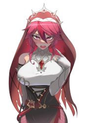 Rule 34 | 1girl, absurdres, bare shoulders, blush, breasts, claws, elbow gloves, fishnet legwear, fishnets, flustered, genshin impact, gentlemanice, gloves, half-closed eyes, highres, large breasts, looking at viewer, nun, open mouth, red eyes, red hair, rosaria (genshin impact), short hair, sidelocks, simple background, solo, teeth, upper teeth only, veil, white background, white gloves