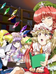 Rule 34 | 5girls, :d, alice margatroid, blonde hair, book, cup, closed eyes, female focus, flandre scarlet, hong meiling, indoors, jealous, kirisame marisa, library, long hair, looking up, mizu sazanami, multiple girls, open book, open mouth, parody, patchouli knowledge, reading, short hair, smile, style parody, teacup, touhou, translation request, voile, wings