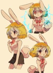 Rule 34 | 1girl, angry, animal ears, black skirt, blonde hair, blush, bow, breasts, carrot (one piece), electricity, furry, furry female, highres, long hair, medium breasts, multiple views, one piece, open mouth, rabbit ears, rabbit girl, rabbit tail, skirt, sleeveless, smile, tail, tokuura, twitter username