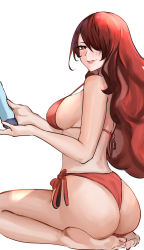 Rule 34 | 1girl, absurdres, ass, barefoot, bikini, blush, bottle, breasts, hair over one eye, highres, holding, holding bottle, kirijou mitsuru, large breasts, long hair, lotion bottle, nero watch, parted lips, persona, persona 3, red bikini, red eyes, red hair, sideboob, sitting, strap gap, swimsuit, toes, white background