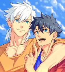 Rule 34 | 2boys, arm around neck, bara, black hair, blue eyes, collarbone, fate/grand order, fate (series), fujimaru ritsuka (male), hair between eyes, highres, looking at viewer, male focus, multiple boys, muscular, muscular male, open mouth, orange shirt, pectorals, percival (fate), shirt, short hair, sleeves rolled up, smile, twitter username, v, veins, veiny arms, white hair, yaekaidou, yaoi