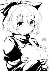 Rule 34 | 1girl, :/, blush, bow, breasts, closed mouth, fun bo, greyscale, hair bow, hand on own chest, juliet sleeves, kurodani yamame, large breasts, long sleeves, looking at viewer, monochrome, puffy sleeves, short hair, simple background, solo, touhou, upper body, white background