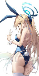 Rule 34 | 1girl, absurdres, animal ears, ass, bare shoulders, blonde hair, blue archive, blue bow, blue eyes, blue hairband, blue leotard, bow, bowtie, braid, breasts, detached collar, fake animal ears, from behind, geomdaeng, hairband, halo, hand up, highleg, highleg leotard, highres, leotard, long hair, medium breasts, official alternate costume, official alternate hairstyle, playboy bunny, rabbit ears, solo, thighhighs, thighs, toki (blue archive), toki (bunny) (blue archive), v, very long hair, white thighhighs, wrist cuffs