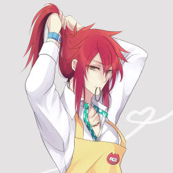 Rule 34 | 1boy, adjusting hair, arms up, grey background, idolmaster, idolmaster side-m, jewelry, long hair, looking at viewer, male focus, mouth hold, necklace, red eyes, red hair, sanjo goro, simple background, solo, tying hair