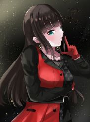 Rule 34 | 1girl, aqua eyes, arm across waist, black background, black coat, black hair, blunt bangs, coat, commentary, earrings, finger to mouth, gloves, highres, jewelry, kurosawa dia, light blush, long hair, looking at viewer, love live!, love live! sunshine!!, mole, mole under mouth, momouninego, multicolored coat, official alternate costume, parted lips, red coat, red gloves, solo, two-tone coat