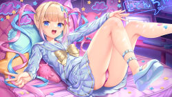 Rule 34 | 1girl, :d, absurdres, ass, blonde hair, blue bow, blue eyes, blue footwear, blue hair, blue sailor collar, blue serafuku, blue shirt, blue skirt, blunt bangs, bow, chouzetsusaikawa tenshi-chan, commentary request, feet out of frame, frilled pillow, frills, hair bow, heart, highres, indoors, keyboard (computer), long hair, long sleeves, looking at viewer, monitor, mouse (computer), needy girl overdose, open mouth, outstretched arm, panties, pillow, pink hair, pink panties, purple bow, red bow, sailor collar, school uniform, serafuku, shirt, shoe soles, shoes, sidelocks, skirt, sleeves past wrists, smile, solo, star-shaped pillow, teeth, twintails, umitonakai, underwear, upper teeth only, v, very long hair, yellow bow