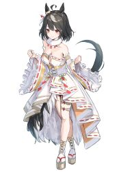 Rule 34 | 1girl, absurdres, animal ears, bare shoulders, black hair, breasts, cleavage, clenched hands, closed mouth, detached sleeves, dress, full body, highres, horse ears, horse girl, horse tail, kitasan black (jubilant star auspicious crane) (umamusume), kitasan black (umamusume), looking at viewer, medium breasts, multicolored hair, official alternate costume, short hair, simple background, smile, solo, streaked hair, tabi, tail, tem (tempainting1), umamusume, white background, white dress, white hair, white sleeves, wide sleeves