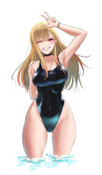 Rule 34 | 1girl, absurdres, arm behind back, arm up, armpits, bangkkii, bare shoulders, bead bracelet, beads, black choker, black one-piece swimsuit, blonde hair, bracelet, breasts, choker, cleavage, covered navel, ear piercing, earrings, grin, highleg, highleg swimsuit, highres, jewelry, kitagawa marin, large breasts, long hair, looking at viewer, one-piece swimsuit, one eye closed, piercing, red eyes, ring, simple background, smile, solo, sono bisque doll wa koi wo suru, swept bangs, swimsuit, thighs, w, wading, water drop, white background