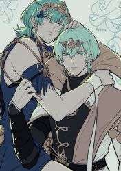 Rule 34 | 1boy, braid, byleth (fire emblem), byleth (male) (fire emblem), cosplay, dress, dual persona, fire emblem, fire emblem: three houses, green eyes, green hair, hair ornament, hair ribbon, highres, holding, holding weapon, male focus, nintendo, ribbon, ribbon braid, side braid, simple background, solo, sothis (fire emblem) (cosplay), tiara, weapon