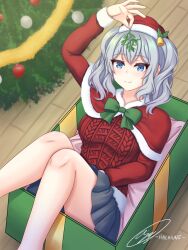 Rule 34 | 1girl, aran sweater, arm up, artist name, bare legs, between legs, black skirt, blue eyes, box, cable knit, capelet, christmas sweater, christmas tree, closed mouth, flower, fur-trimmed capelet, fur-trimmed headwear, fur trim, gift, gift box, green ribbon, grey hair, hachiune, hand between legs, hat, holding, holding flower, holding mistletoe, kantai collection, kashima (kancolle), long hair, long sleeves, mistletoe, pleated skirt, red capelet, red sweater, ribbon, santa hat, signature, sitting, skirt, smile, solo, sweater, twintails, wooden floor