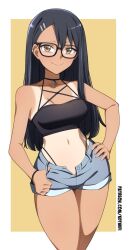 Rule 34 | 1girl, asymmetrical bangs, bespectacled, black-framed eyewear, black hair, blue shorts, breasts, brown eyes, casual, commentary, crescent choker, crop top, dark-skinned female, dark skin, denim, denim shorts, earclip, english commentary, glasses, highres, ijiranaide nagatoro-san, kdtwifi, long hair, looking at viewer, nagatoro hayase, one-piece tan, open fly, paid reward available, short shorts, shorts, sleeveless, small breasts, solo, tan, tanline, thumb in beltline
