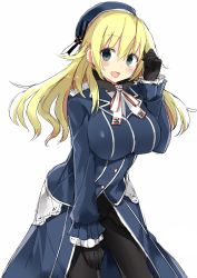 Rule 34 | 10s, 1girl, 501092-taka, :d, atago (kancolle), beret, black gloves, black pantyhose, blonde hair, blue eyes, blush, breasts, cowboy shot, frilled sleeves, frills, gloves, hand on thigh, hat, kantai collection, large breasts, leaning forward, long hair, long sleeves, looking at viewer, military, military uniform, open mouth, pantyhose, showgirl skirt, simple background, smile, solo, uniform, white background