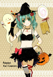 Rule 34 | 1girl, bad id, bad pixiv id, bow, bracelet, brown background, candy, child, flower, food, garter straps, ghost, gloves, green eyes, green hair, hair flower, hair ornament, halloween, hand on own hip, happy halloween, hat, hatsune miku, head tilt, hip focus, izumi taiga, jewelry, lollipop, matching hair/eyes, midriff, navel, necklace, smile, solo, thighhighs, twintails, vocaloid, witch hat