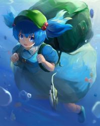 Rule 34 | 1girl, absurdres, bad id, bad pixiv id, bag, blue dress, blue eyes, blue footwear, blue hair, boots, breasts, collar, dress, green bag, green hat, hair between eyes, hat, highres, jewelry, kawashiro nitori, key, key necklace, looking at viewer, medium breasts, necklace, odanoburori, open mouth, puffy short sleeves, puffy sleeves, shadow, short hair, short sleeves, short twintails, smile, solo, touhou, twintails, underwear, water