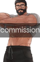 Rule 34 | 1boy, abs, bara, beard, black-framed eyewear, black hair, black pants, bulge, ch1du, clothes lift, commission, cowboy shot, dark-skinned male, dark skin, expressionless, facial hair, facial scar, from below, full beard, glasses, highres, large pectorals, lifted by self, looking at viewer, male focus, mature male, muscular, muscular male, navel, navel hair, nipples, old, old man, original, pants, pectorals, scar, scar on cheek, scar on face, scar on stomach, shirt lift, short hair, sideburns, solo, stomach, thick beard, thick mustache, too many, too many scars, track pants, underpec, undressing, watermark, yellow eyes