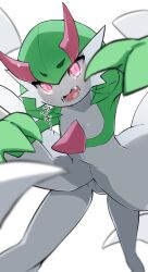 Rule 34 | 1girl, arms up, backlighting, blurry, blush, bob cut, colored skin, creatures (company), demon girl, depth of field, eye trail, fangs, female focus, flat chest, game freak, gardevoir, gen 3 pokemon, green hair, green skin, highres, horns, japanese text, leaning forward, light blush, light trail, looking at viewer, m3 (gardevoir m3), multicolored skin, nintendo, open mouth, pink eyes, pokemon, pokemon (creature), reaching, reaching towards viewer, red horns, short hair, simple background, slit pupils, solo, teeth, tongue, translated, two-tone skin, white background, white skin