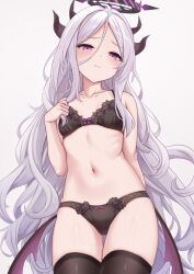 Rule 34 | 1girl, ahoge, bare shoulders, black bra, black panties, blue archive, blush, bow, bow bra, bow panties, bra, breasts, brown thighhighs, commentary request, forehead, gluteal fold, grey background, grey hair, hair between eyes, hair ornament, hair ribbon, hairclip, halo, hand up, highres, hina (blue archive), holding, holding own hair, horns, long hair, looking at viewer, low wings, milkshakework, multiple horns, navel, paid reward available, panties, parted bangs, purple eyes, purple wings, ribbon, simple background, small breasts, solo, thigh gap, thighhighs, underwear, underwear only, very long hair, white hair, wings