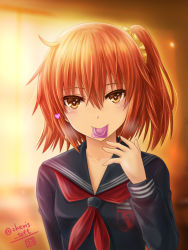 Rule 34 | 10s, 1girl, ahoge, alternate costume, black serafuku, condom, condom in mouth, condom wrapper, fate/extra, fate/extra ccc, fate/grand order, fate (series), fujimaru ritsuka (female), haura akitoshi, heart, heart-shaped pupils, long sleeves, looking at viewer, mouth hold, orange hair, school uniform, serafuku, side ponytail, solo, symbol-shaped pupils, yellow eyes