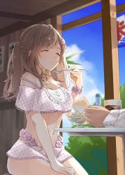 Rule 34 | 1girl, 1other, bikini, breasts, brown hair, cleavage, closed eyes, eating, food, highres, holding, holding spoon, idolmaster, idolmaster shiny colors, large breasts, long hair, navel, pekoni (peconi), shaved ice, sitting, spoon, swimsuit, table, tsukioka kogane, twintails