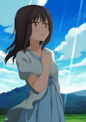 Rule 34 | 1girl, black hair, blue dress, blush, brown eyes, cloud, collarbone, dacchi, day, dress, hand on own chest, highres, hill, ichijou hotaru, light rays, long hair, meadow, mountain, non non biyori, open mouth, outdoors, parted lips, ribbon, short sleeves, sky, solo, tree