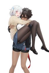 Rule 34 | 2girls, albino, black jacket, blue skirt, blush, breasts, brown hair, cardigan, carrying, couple, dark-skinned female, dark skin, feet out of frame, full body, highres, hug, interracial, jacket, large breasts, loafers, looking down, micchan (ohisashiburi), multiple girls, nacchan (ohisashiburi), nervous, ohisashiburi, open mouth, original, paid reward available, panties, panties under pantyhose, pantyhose, pleated skirt, princess carry, shirt, shoes, short hair, shorts, shorts under skirt, silver hair, skirt, sweatdrop, teeth, underwear, white background, white shirt, yuri