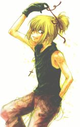 Rule 34 | 1boy, blonde hair, cross, death note, gradient background, male focus, mello (death note), solo, white background