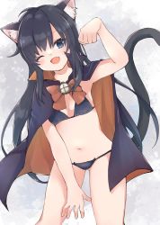 Rule 34 | 1girl, ;d, alternate costume, animal ears, asashio (kancolle), bikini, bikini under clothes, black bikini, black hair, blue eyes, bow, bowtie, cape, cat ears, cat tail, commentary, cowboy shot, fang, gluteal fold, highres, kantai collection, kayuma, long hair, looking at viewer, navel, one eye closed, open mouth, smile, solo, swimsuit, tail