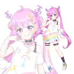 Rule 34 | 1girl, ahoge, asymmetrical legwear, bandaid, bandaid on face, commission, hair ornament, hairclip, heterochromia, highres, idol corp, knees, multicolored hair, pink eyes, pink hair, purple eyes, riro ron, shirt, shoes, simple background, socks, star (symbol), thighs, twintails, virtual youtuber, white background, wings