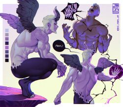 Rule 34 | 1boy, abs, artist name, back, bara, black sclera, closed mouth, colored sclera, demon horns, demon wings, english text, facial hair, goatee, hendricksen, highres, horns, jezz mons art, large pectorals, male focus, multiple views, muscular, muscular male, nanatsu no taizai, navel, nipples, open mouth, pectorals, short hair, squatting, twitter username, white hair, wings