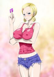 Rule 34 | 1girl, arm under breasts, blonde hair, blue eyes, breasts, cleavage, condom, covered erect nipples, denim, denim shorts, earrings, highres, jewelry, miss valentine, nel-zel formula, one piece, short hair, shorts, solo, tagme